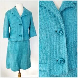 Vintage 60s Mohair Blue‎ Suit Set Skirt Blazer Jacket // Size Medium